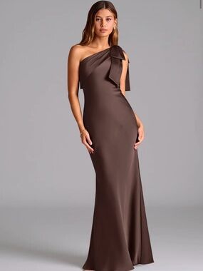 Azazie One-Shoulder Bow Satin Dress in dark brown